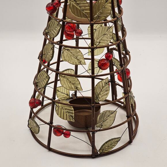 Vintage Beaded Christmas Tree Tealight Holder-Festive Ivy & Berries Metal Décor - Picture 4 of 10